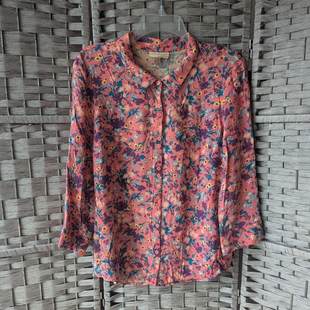 ModCloth Blouse Pink Floral Button Up 3/4 Sleeve Rayon Womens Sz L Cottagecore